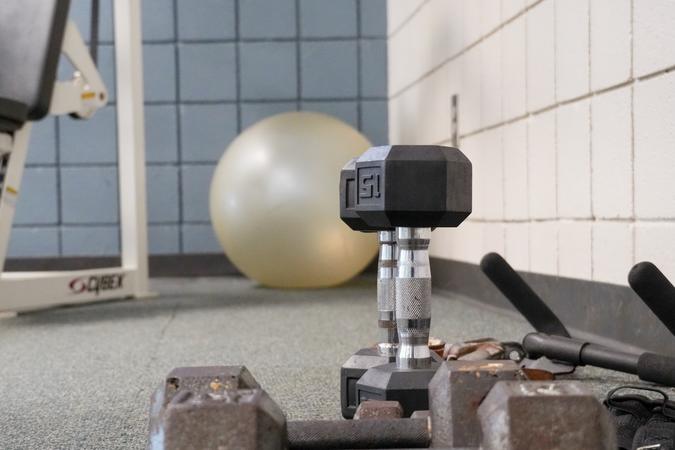 Free weights in the fitness room.